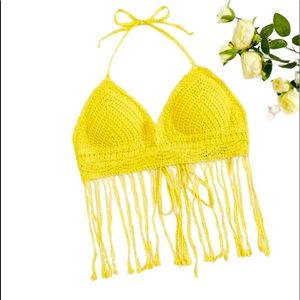 New Woman’s Yellow Boho Fringe Hem Crochet Bikini Top